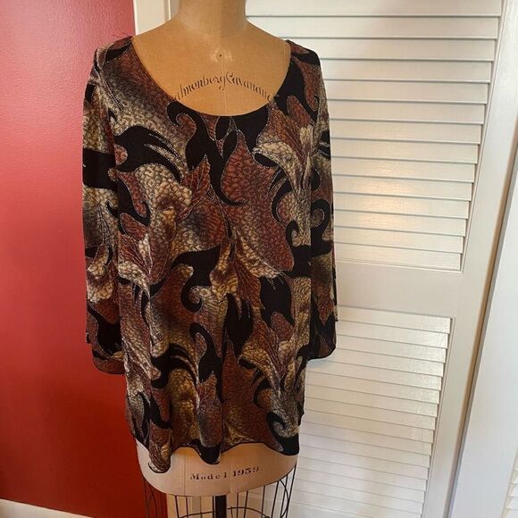 BRITTANY BLACK WOMAN | 3/4 fan sleeve black & earth tones blouse 3X - Picture 1 of 7